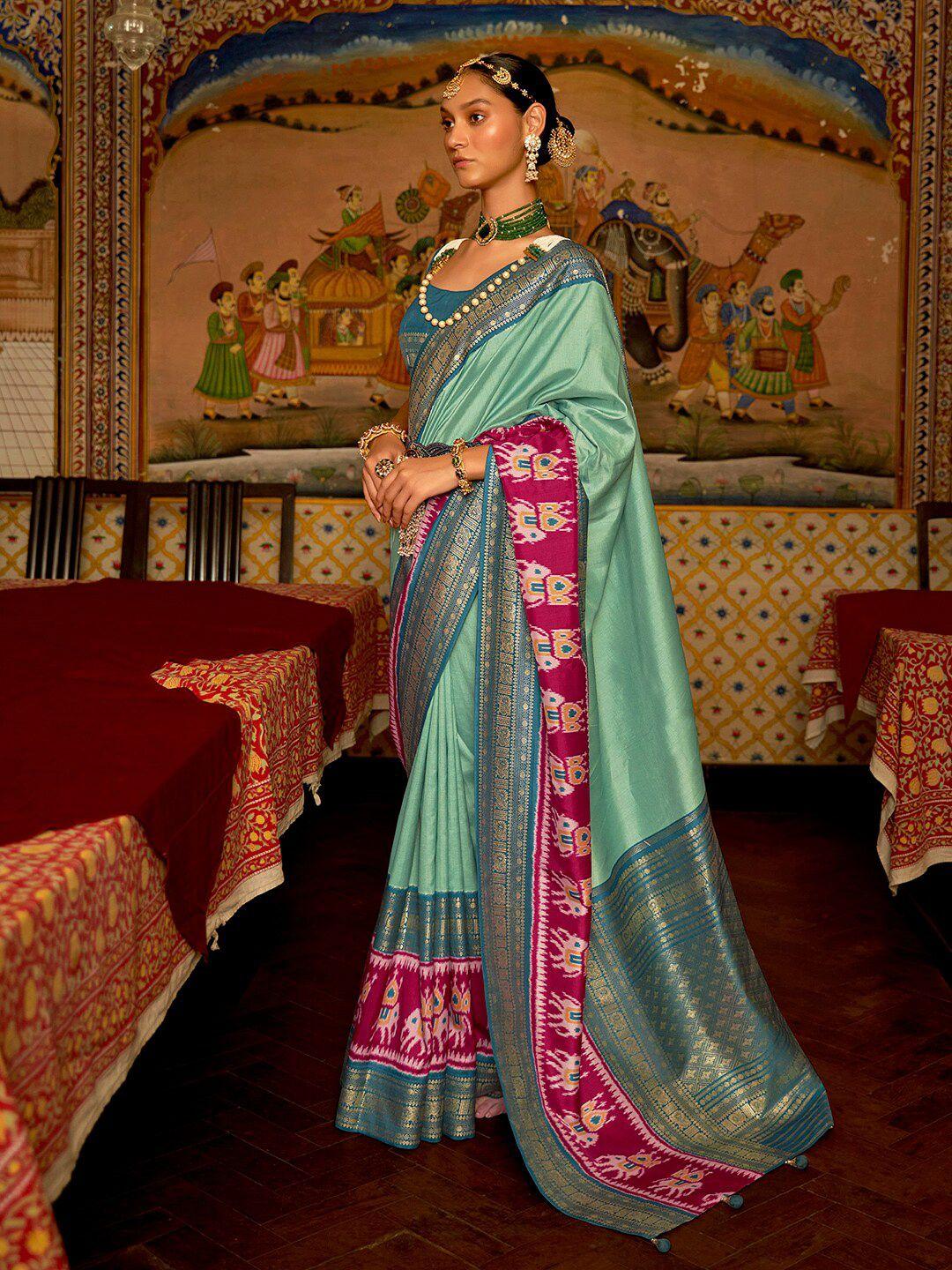 anouk sea green & pink ethnic motifs woven design zari silk blend patola saree