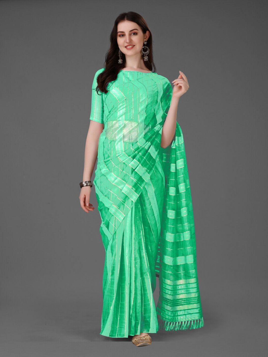 anouk sea green & silver-toned striped zari silk cotton saree