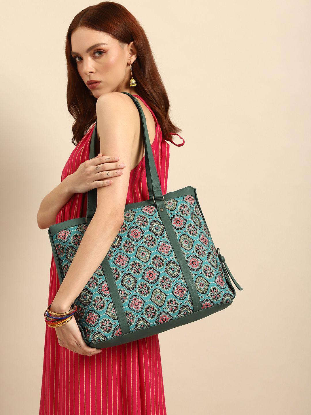 anouk sea green ethnic motifs printed oversized shopper shoulder bag