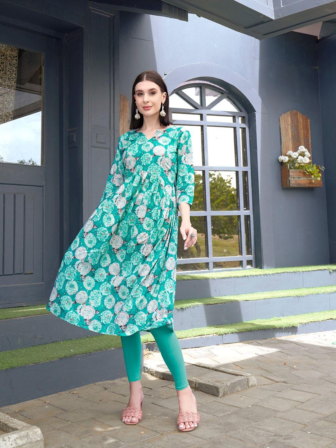 anouk sea green floral printed empire cotton silk a-line kurta