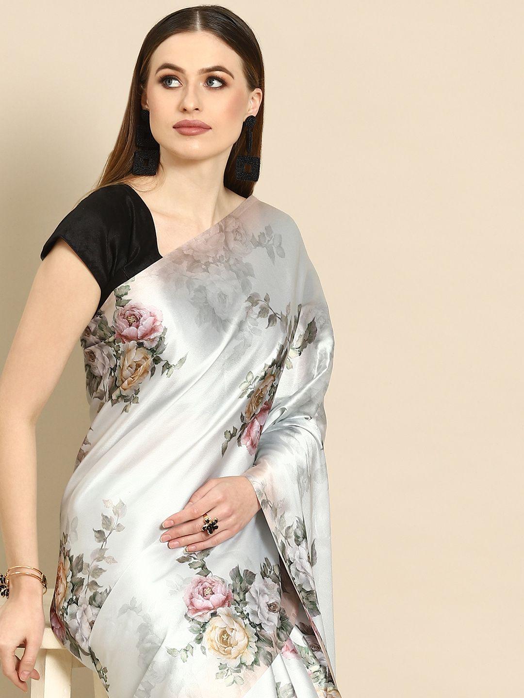 anouk sea green floral satin saree