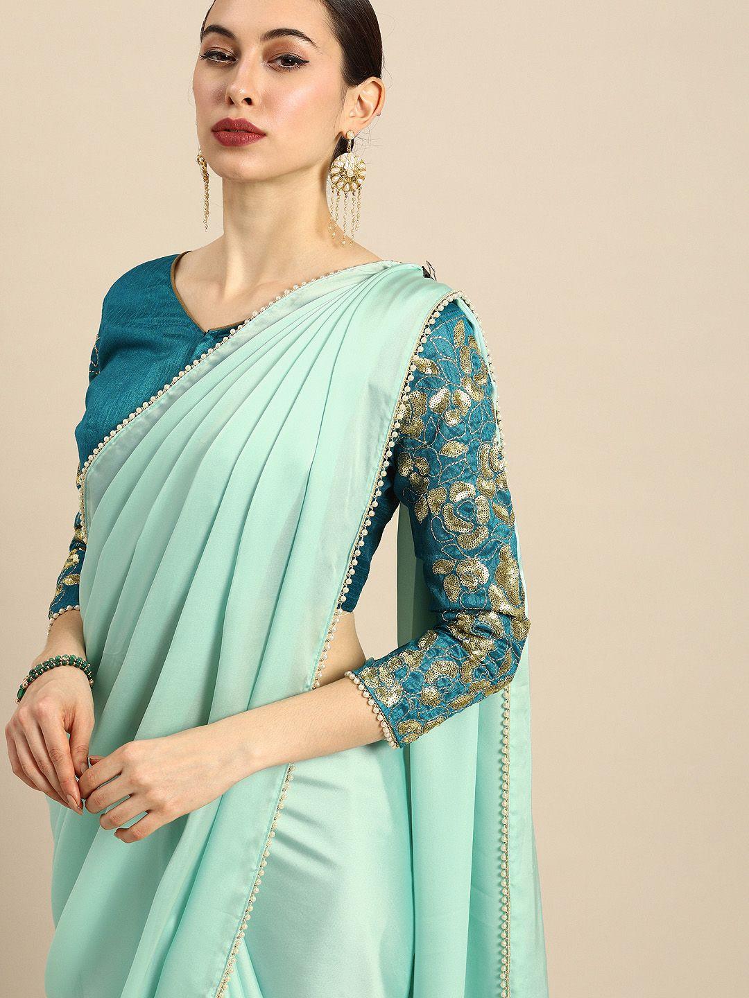 anouk sea green solid saree