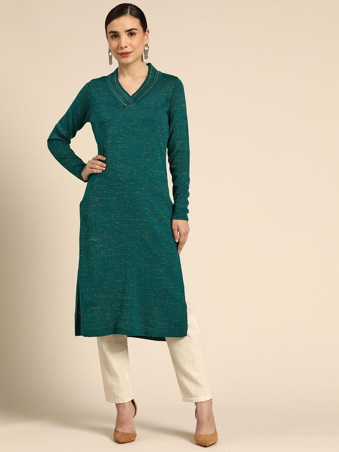 anouk self design v-neck straight kurta