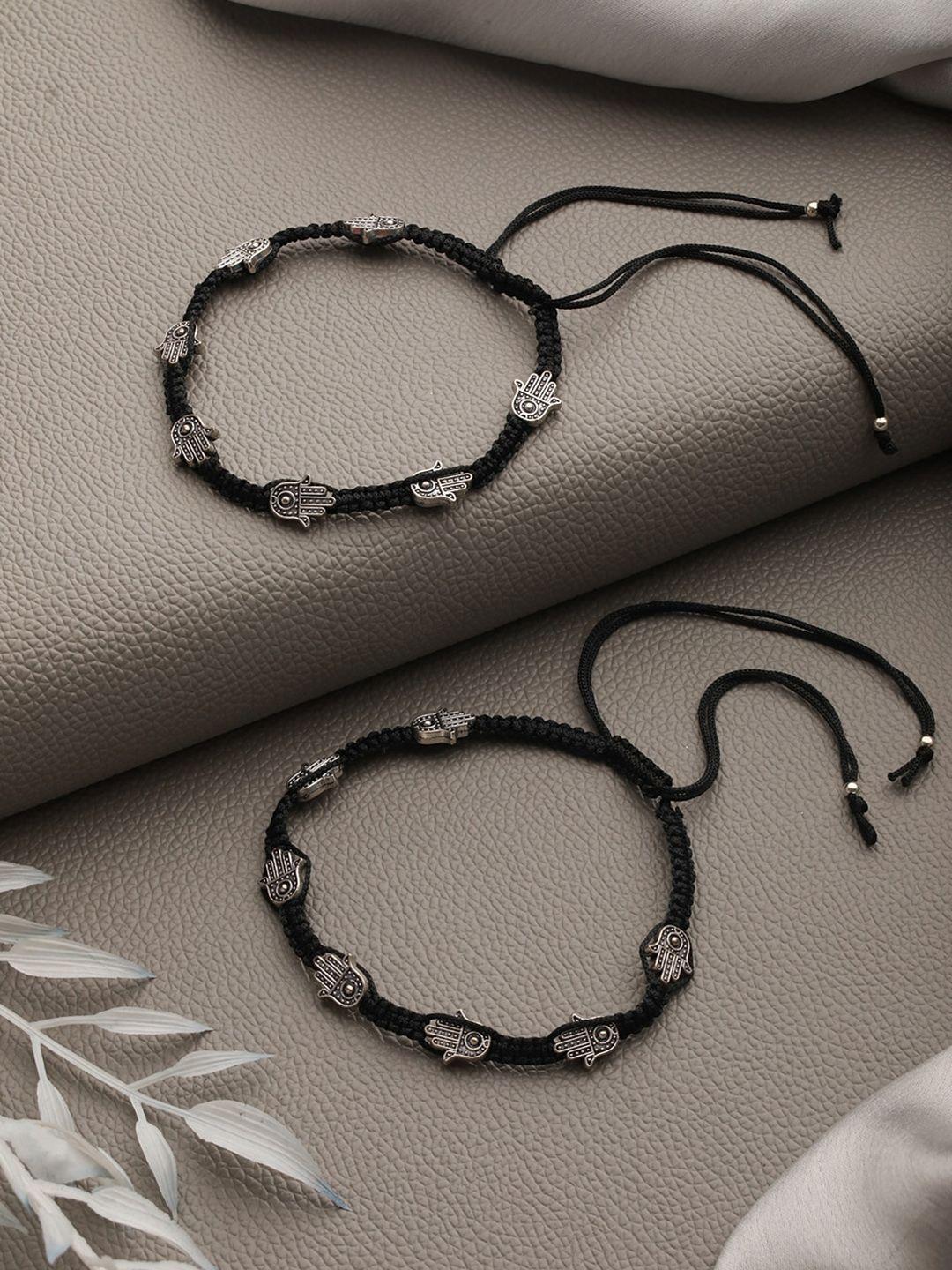 anouk set of 2 silver-plated black thread hamza anklets