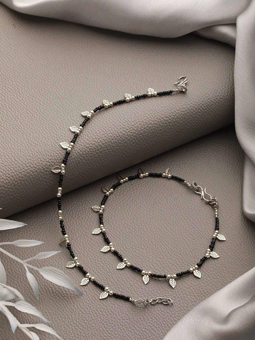 anouk set of 2 silver-toned silver-plated & beaded leaf anklets