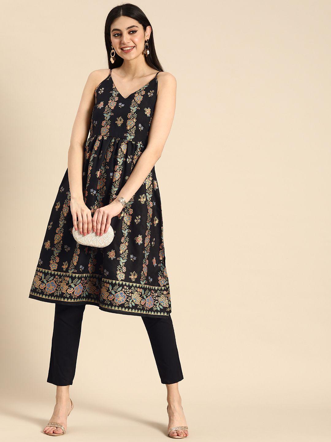 anouk shoulder straps floral printed empire style a-line kurta