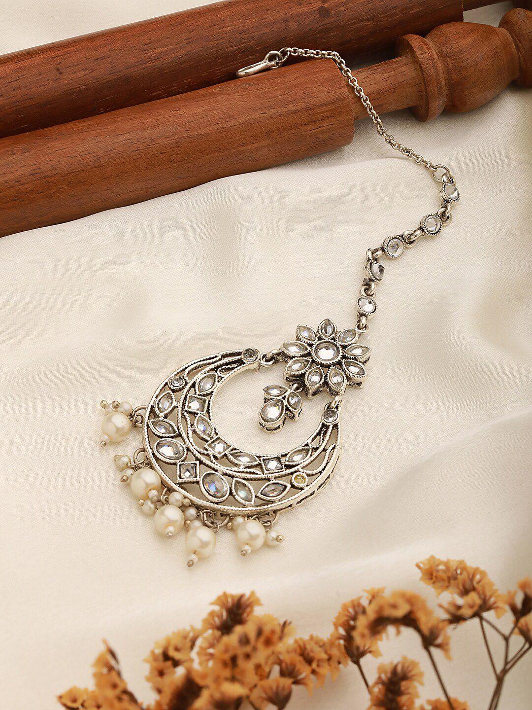 anouk silver-plated american diamond-studded & pearl beaded maang tikka