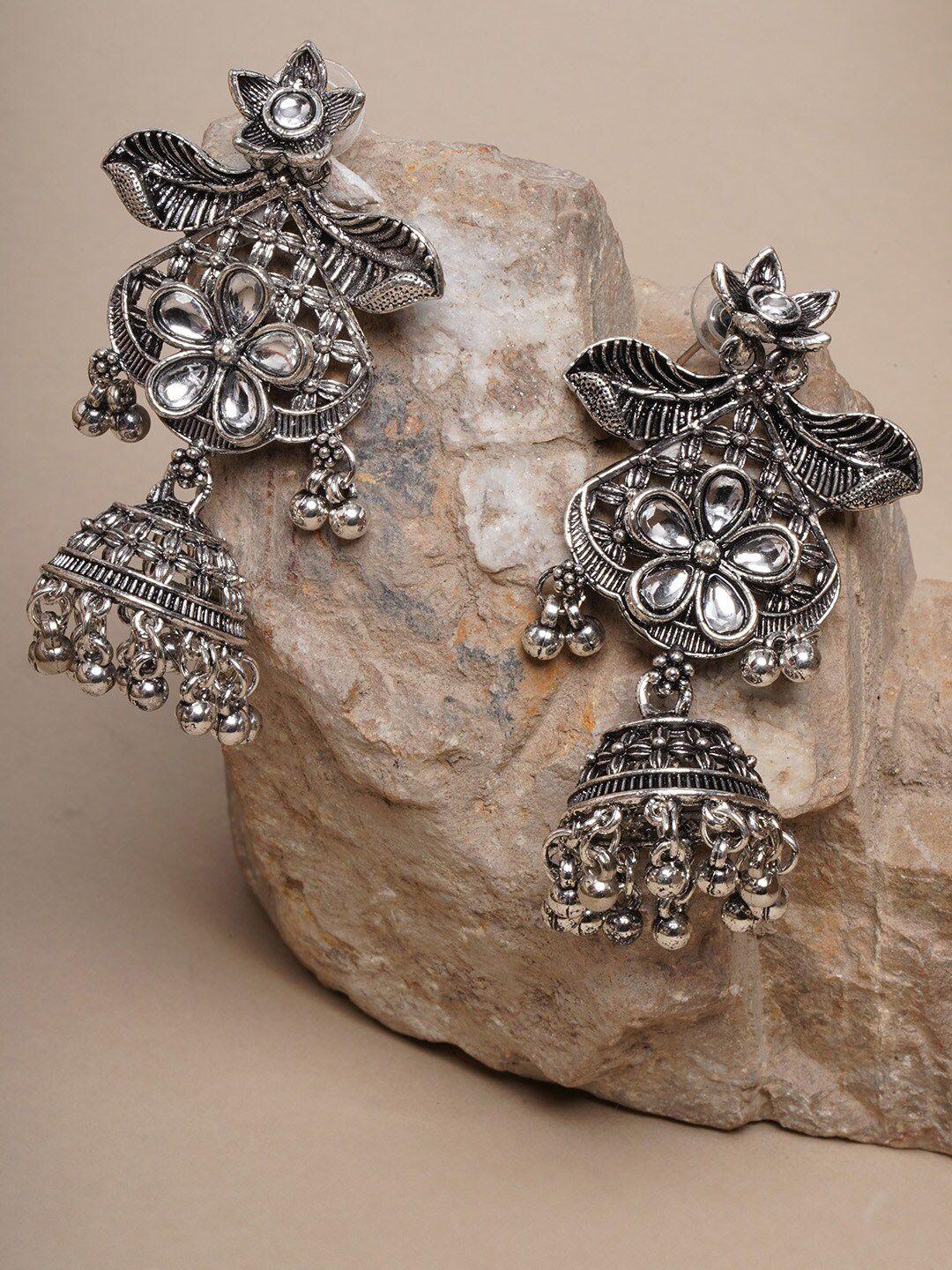 anouk silver-plated oxidised kundan contemporary jhumkas earrings