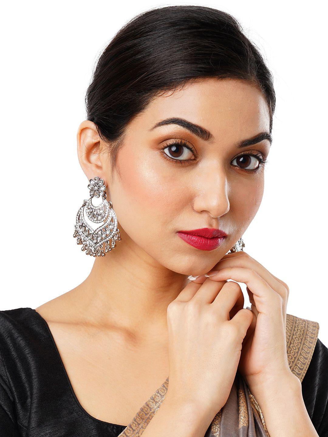 anouk silver-plated oxidised stone studded chandbalis earrings