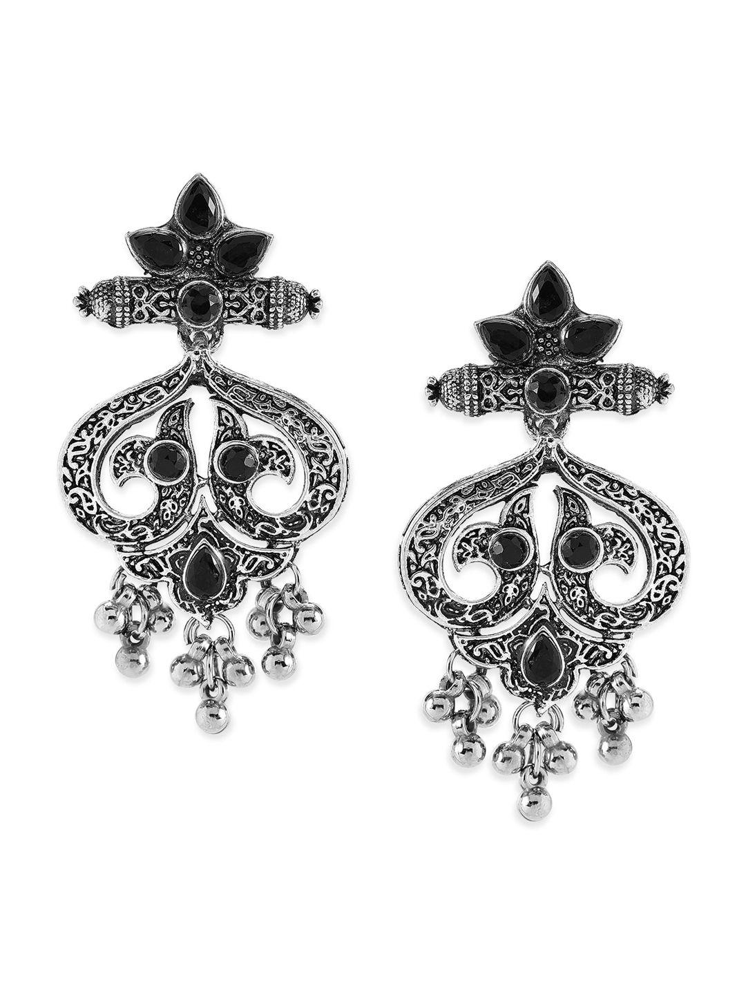 anouk silver-toned & black classic drop earrings