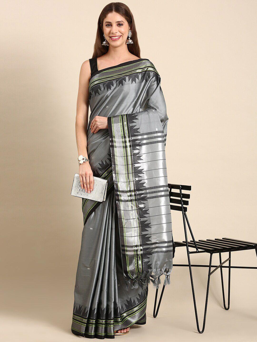 anouk silver-toned & black floral woven design zari kanjeevaram saree