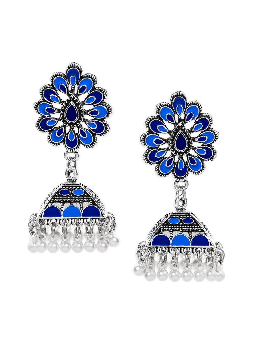 anouk silver-toned & blue classic jhumkas earrings