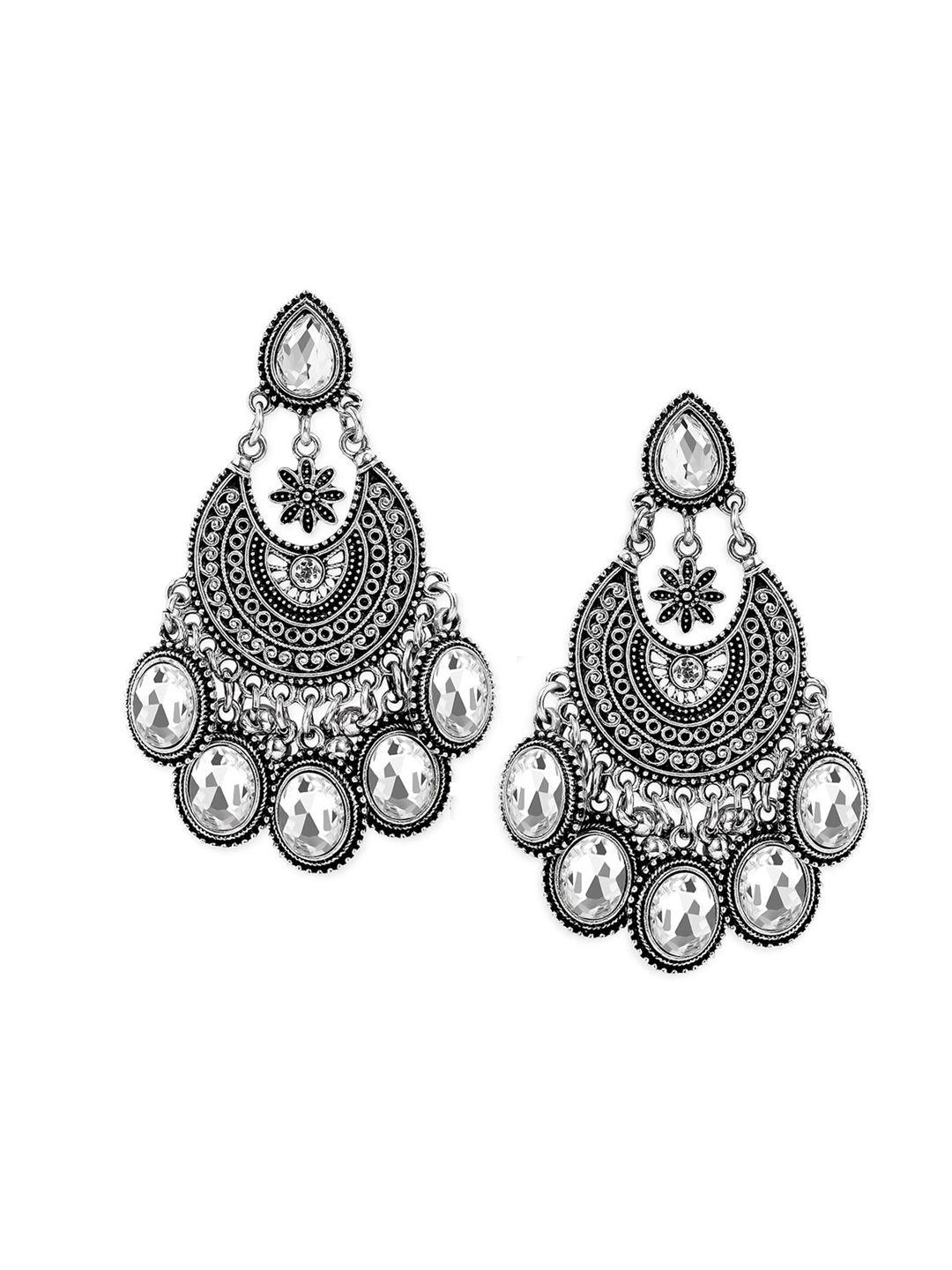 anouk silver-toned & plated gemstone classic oxidised chandbali earrings