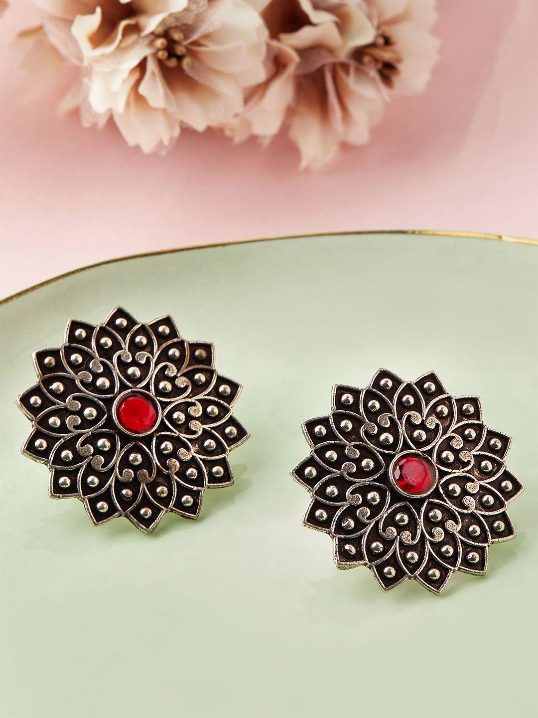 anouk silver-toned & red floral studs earrings