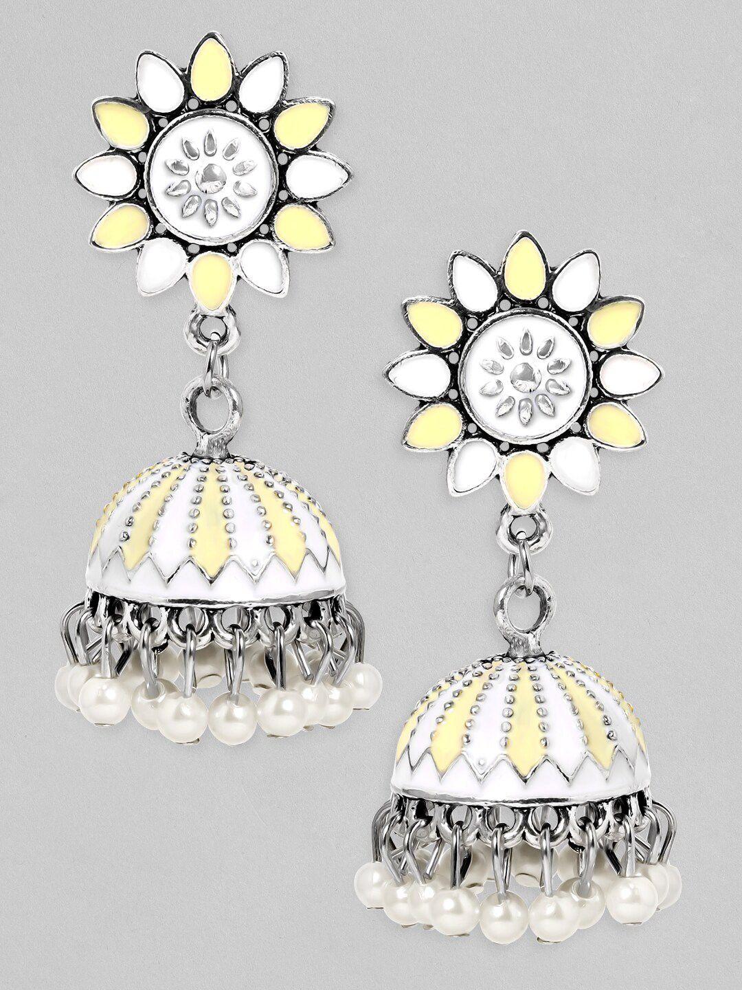 anouk silver-toned & white silver plated enamelled circular jhumkas earrings