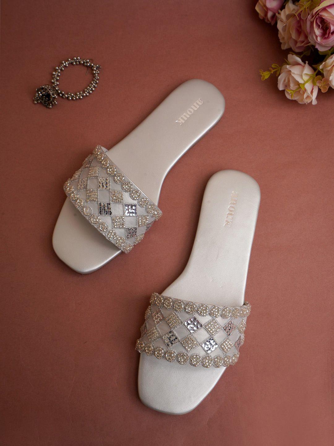 anouk silver-toned embellished open toe flats