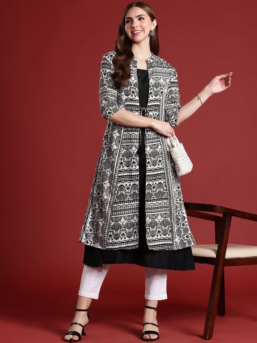 anouk solid sleeveless kurta comes with a printed tie-up jacket