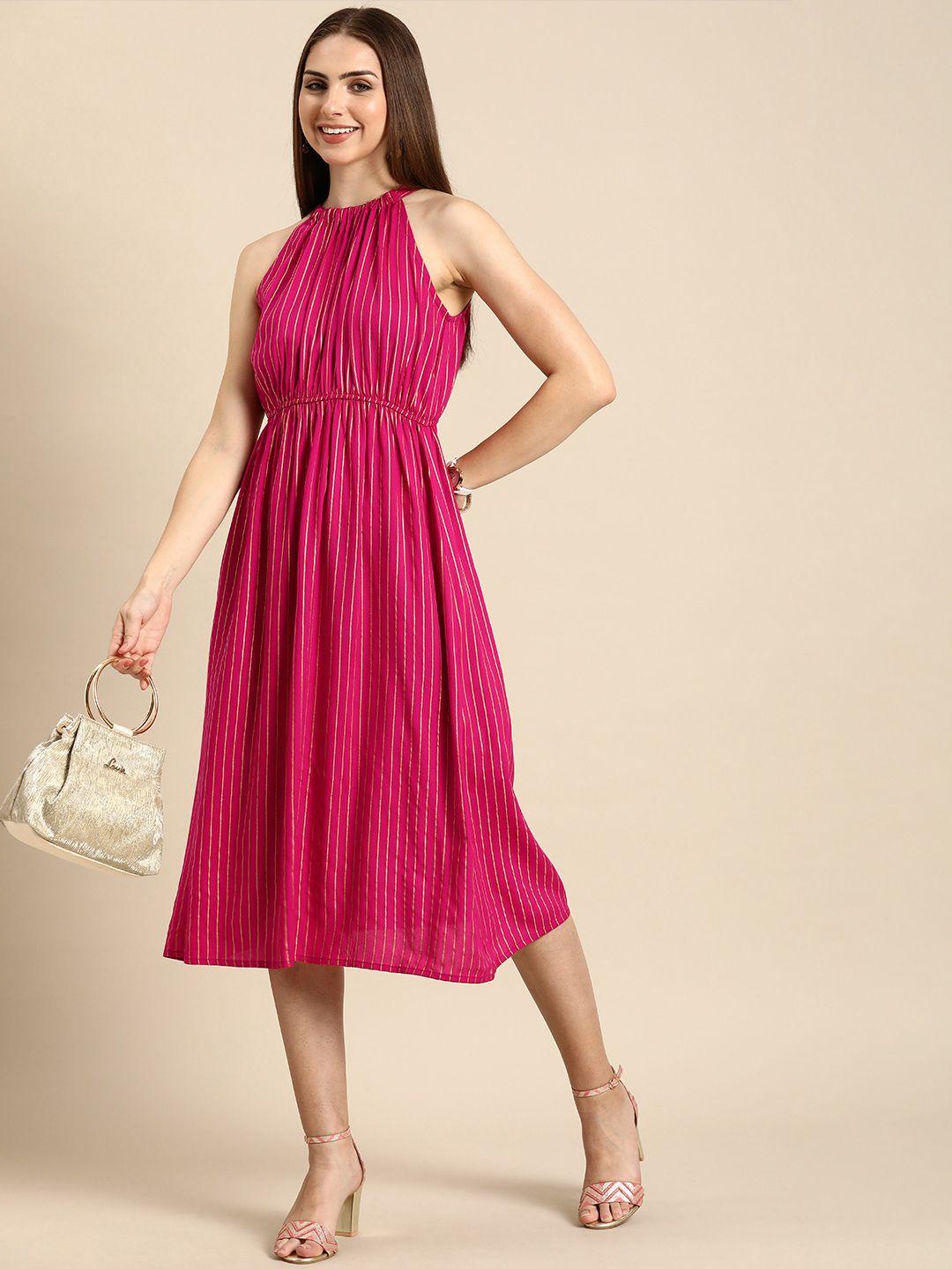 anouk striped a-line ethnic midi dress with tie-up back detail