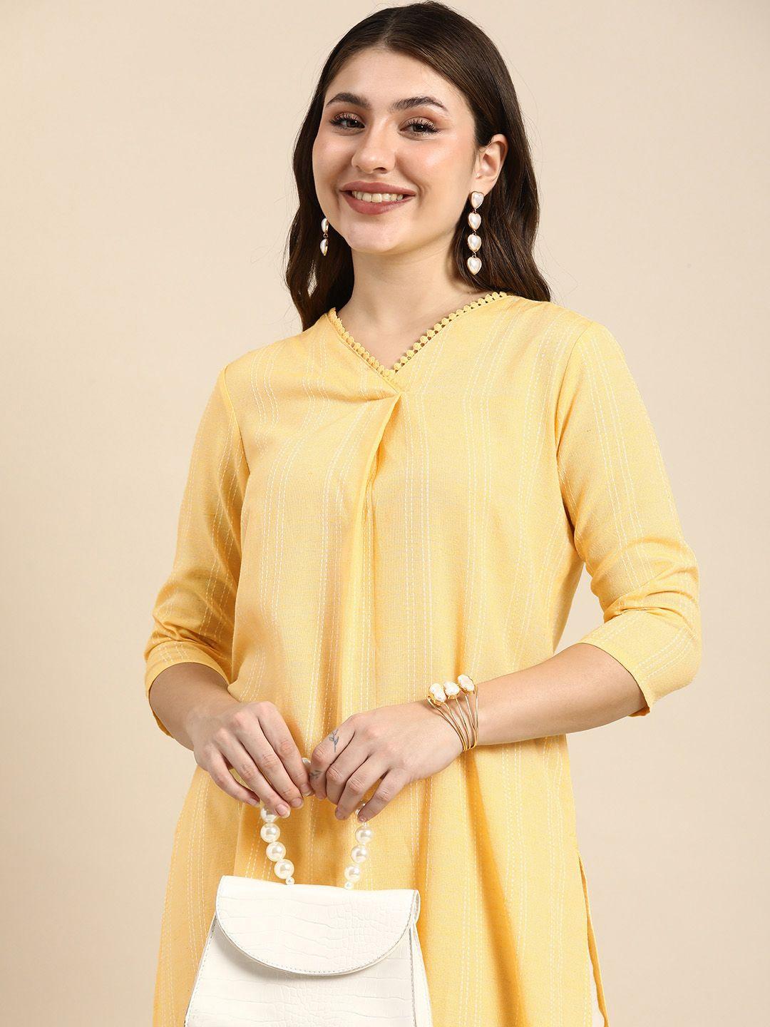 anouk striped dobby kurta with lace detailing