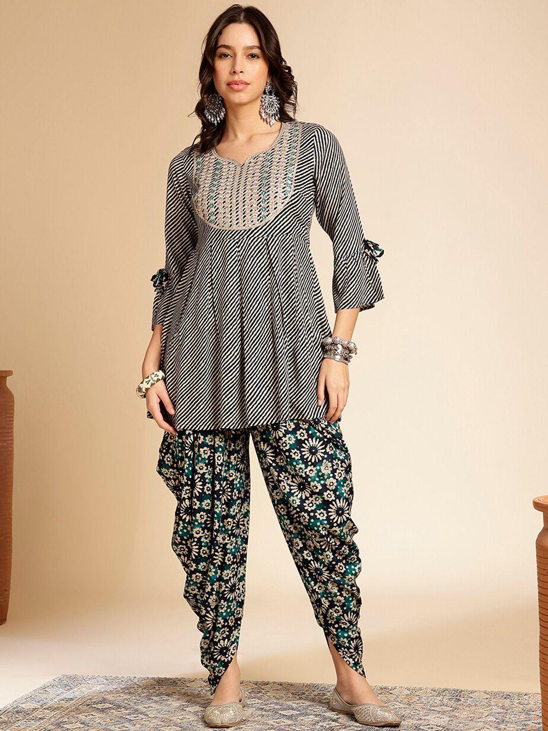 anouk striped embroidered notch neck flared sleeves a-line kurti with dhoti pants