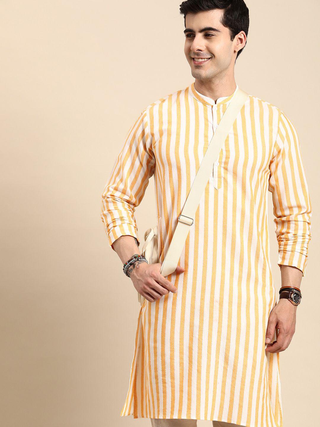 anouk striped mandarin-collar straight shimmer kurta