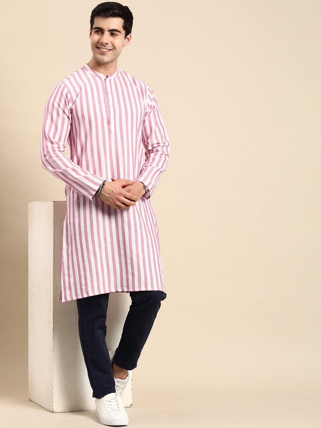 anouk striped mandarin-collar straight shimmer kurta