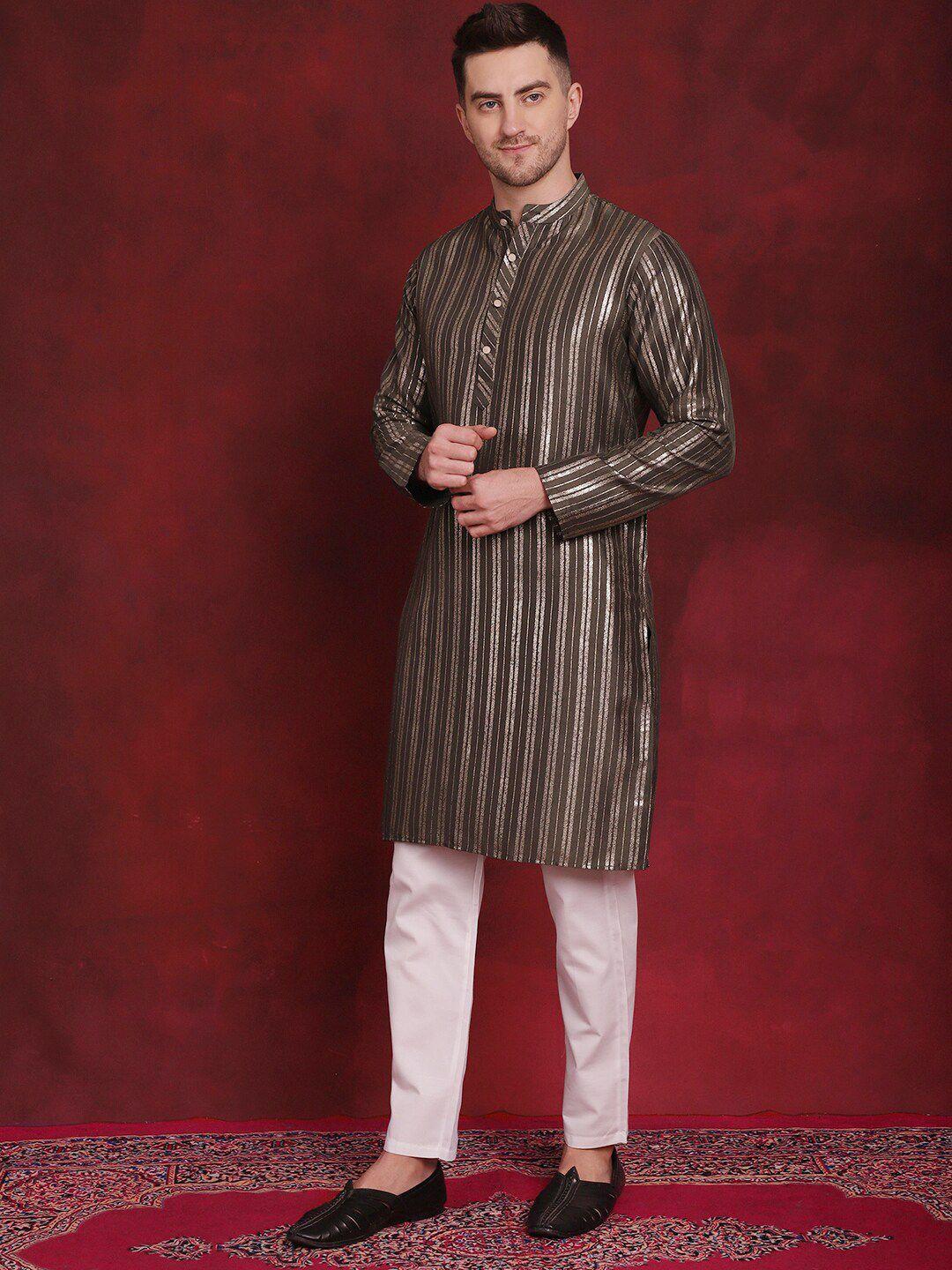 anouk striped pure cotton mandarin collar regular kurta with pyjamas