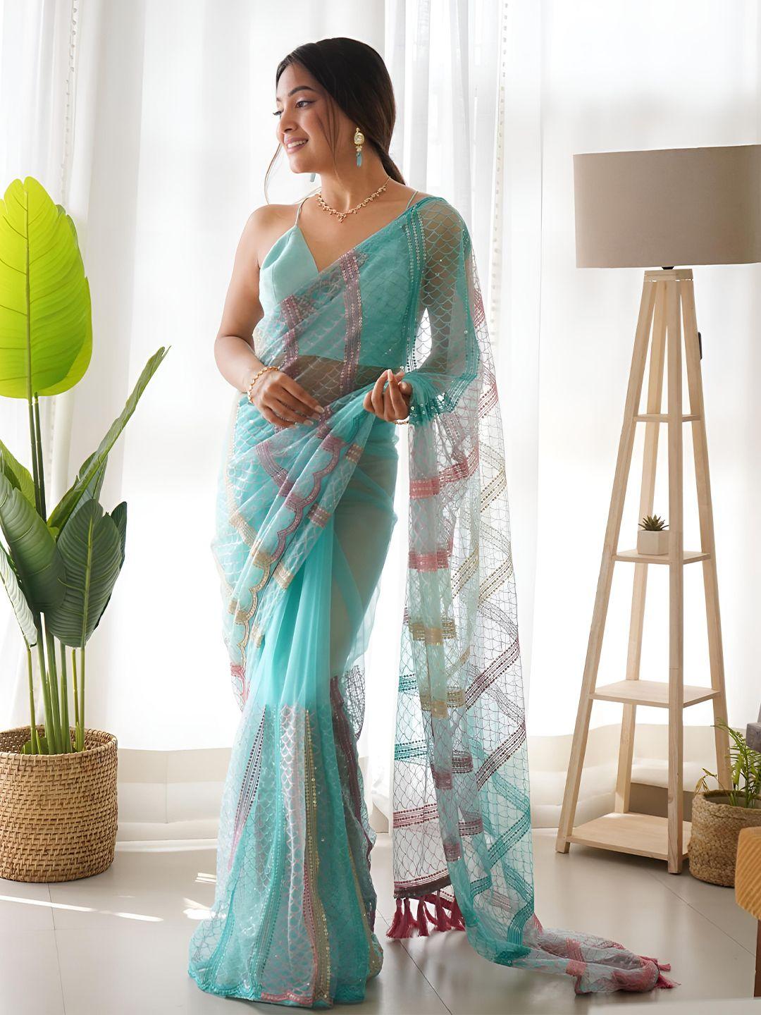 anouk striped sequinned net saree