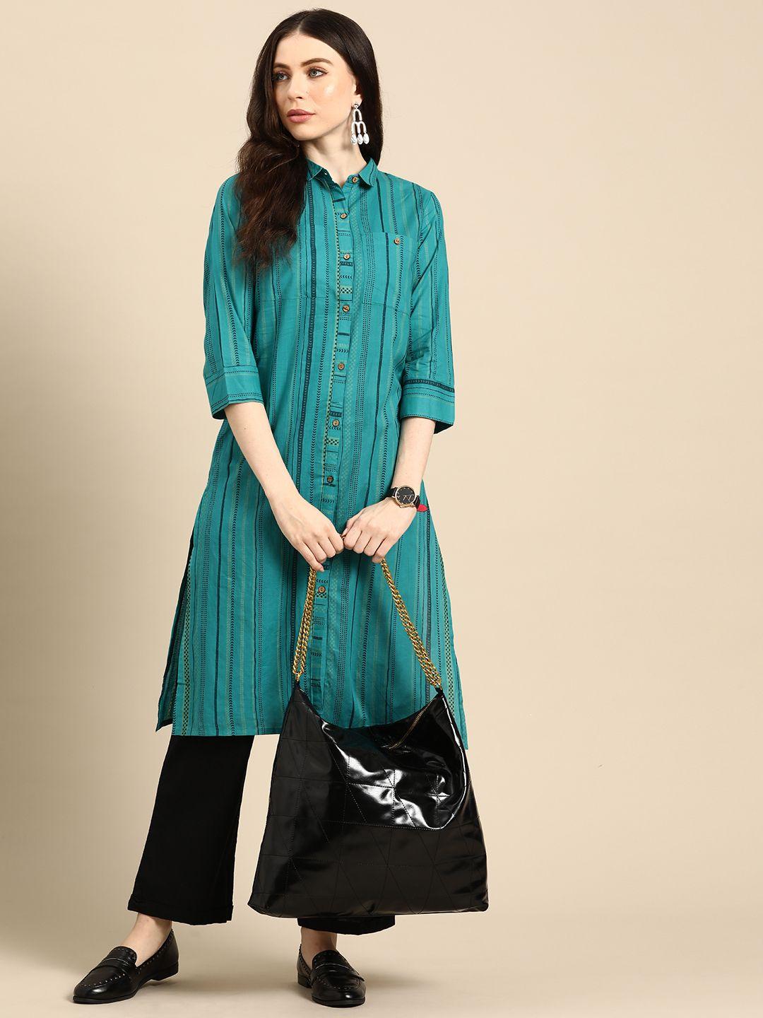 anouk striped shirt collar kurta