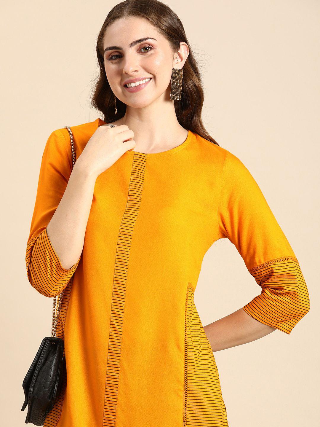 anouk striped thread work round-neck straight kurta