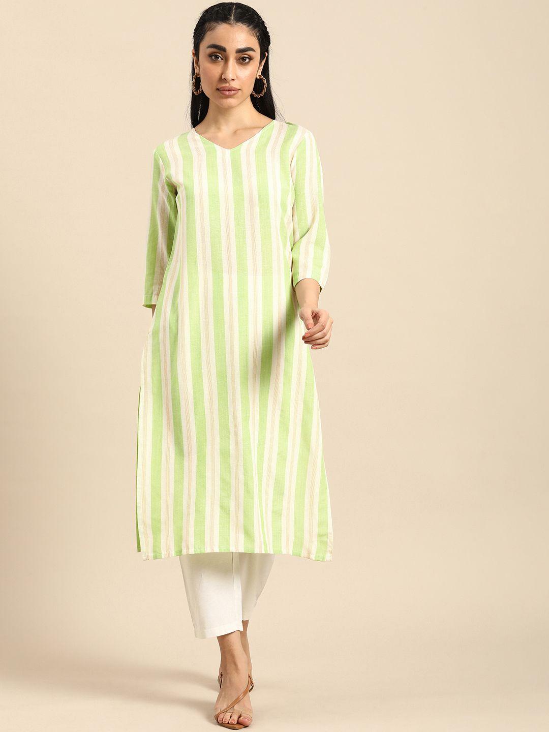 anouk striped v-neck regular kurta with solid trousers