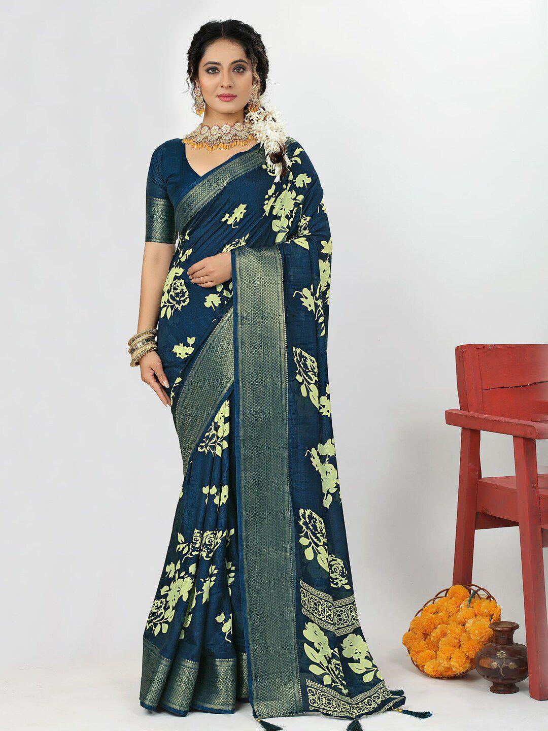 anouk teal & beige floral printed zari saree