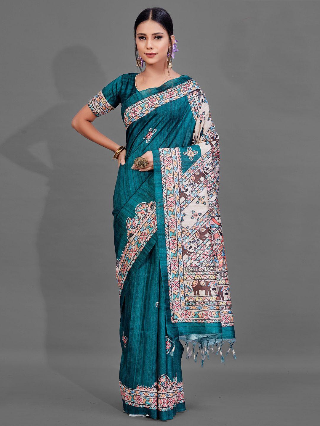 anouk teal & cream-coloured ethnic motifs silk blend baluchari saree
