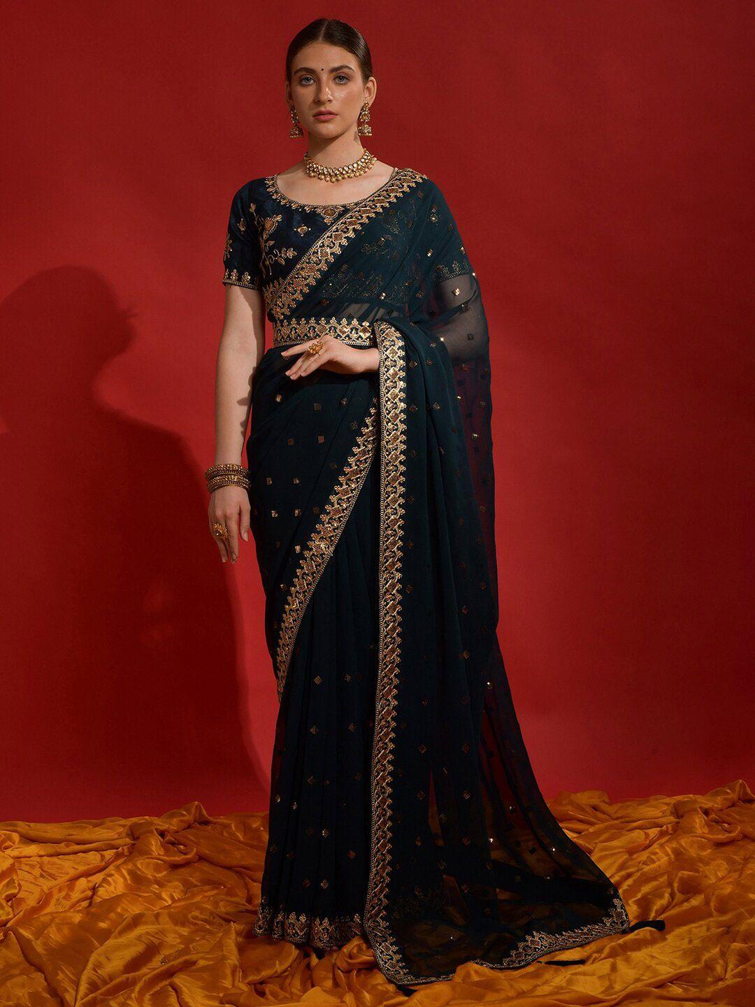 anouk teal & gold-toned embellished embroidered pure georgette saree