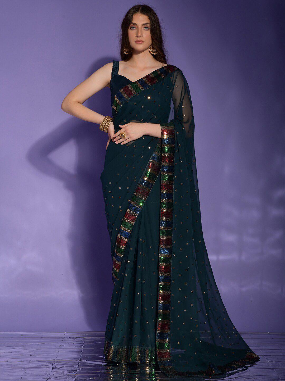 anouk teal & gold-toned embellished sequinned pure georgette saree