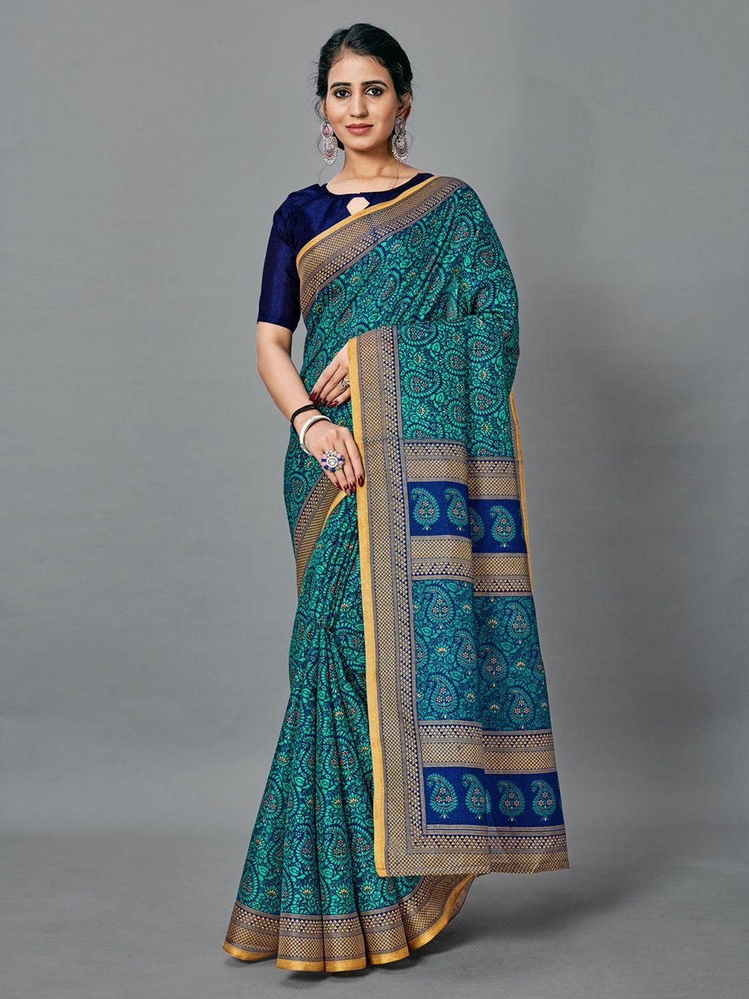 anouk teal & gold-toned ethnic motifs printed bhagalpuri saree