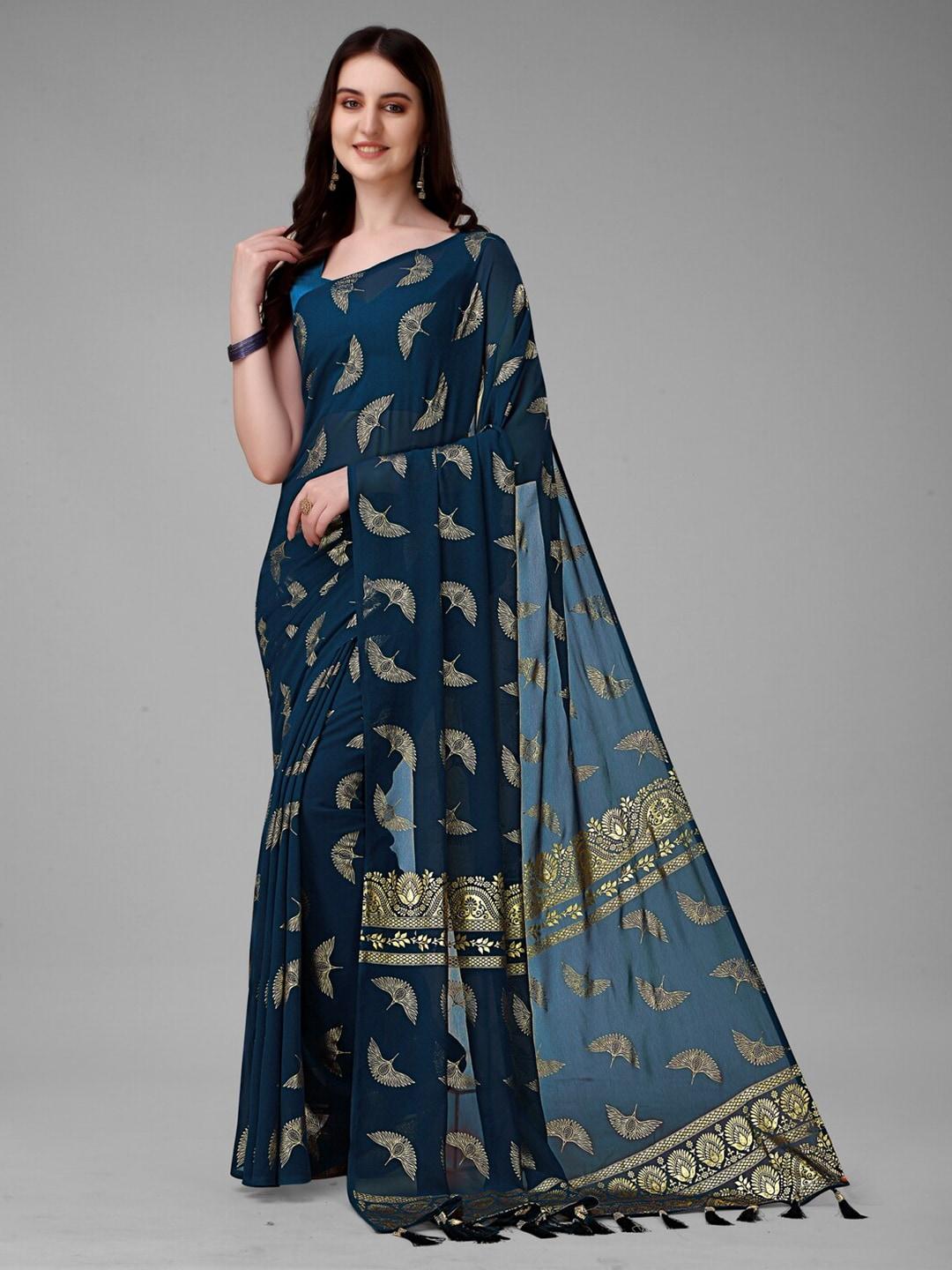 anouk teal & gold-toned ethnic motifs printed pure georgette saree