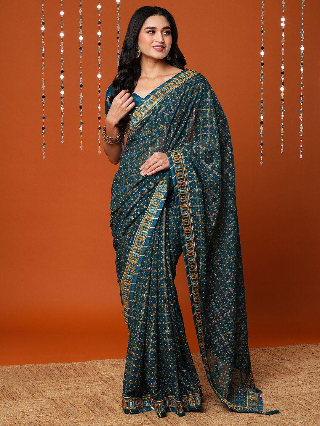 anouk teal & gold-toned printed pure georgette bandhani saree