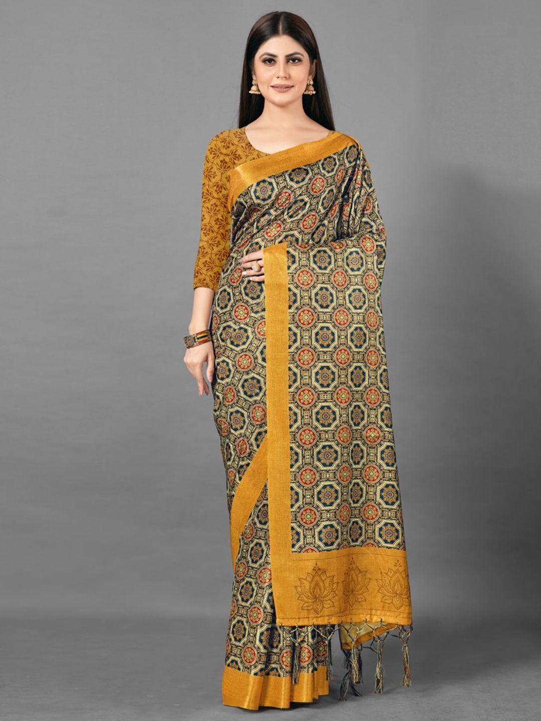 anouk teal & mustard ethnic motifs printed saree