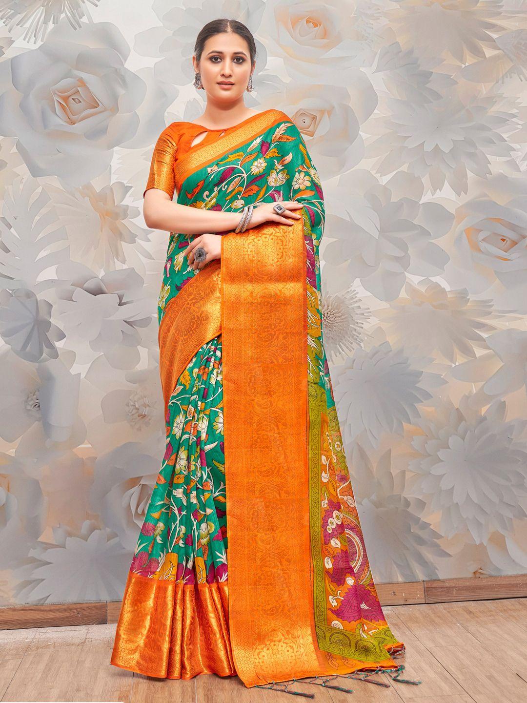 anouk teal & orange floral printed zari banarasi saree