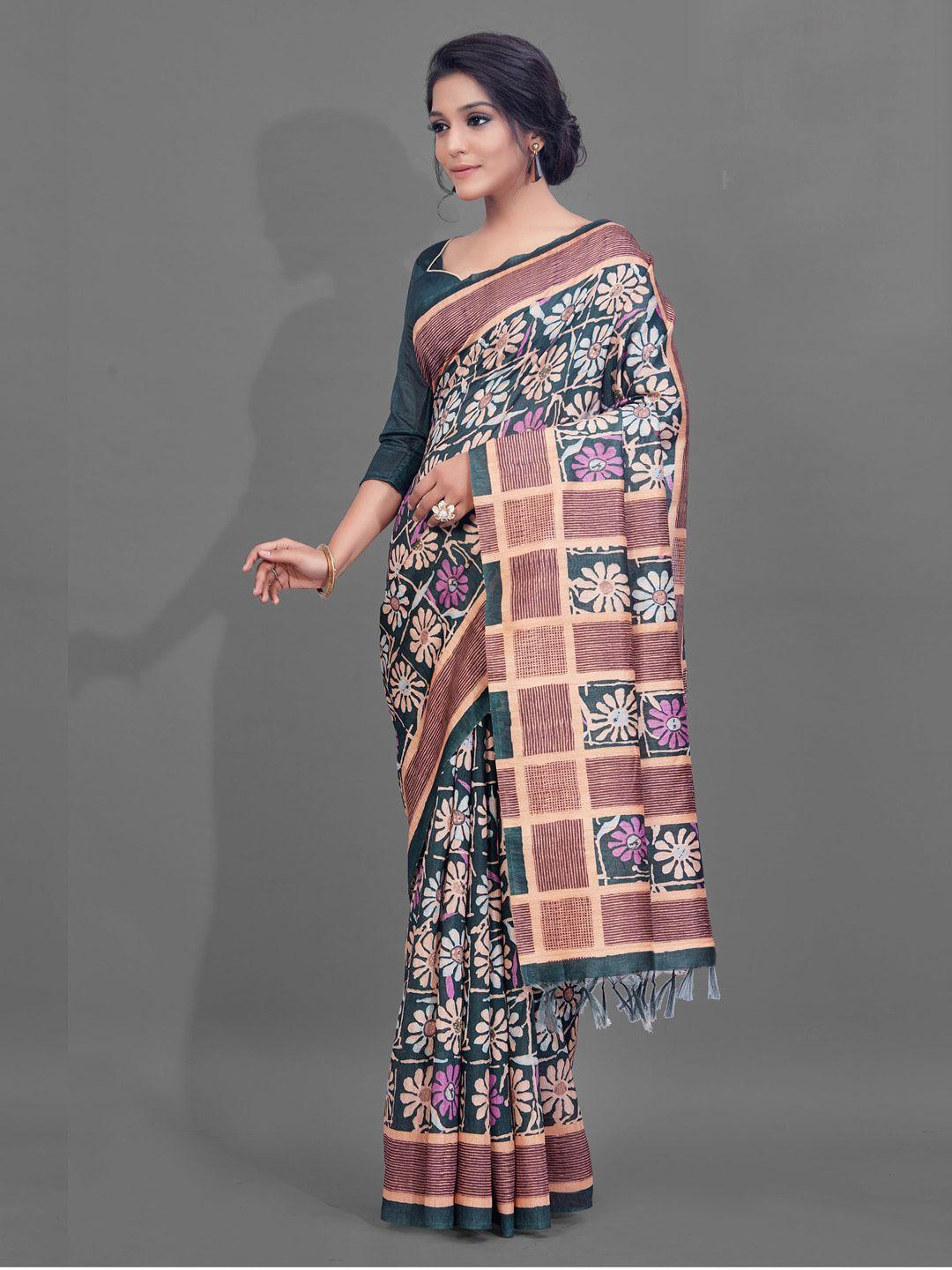 anouk teal & peach-coloured ethnic motifs silk blend baluchari saree