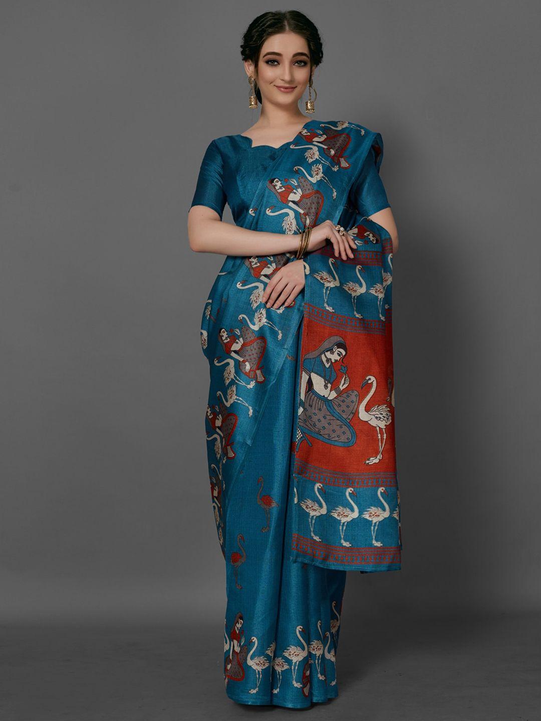 anouk teal & rust ethnic motifs printed bhagalpuri saree
