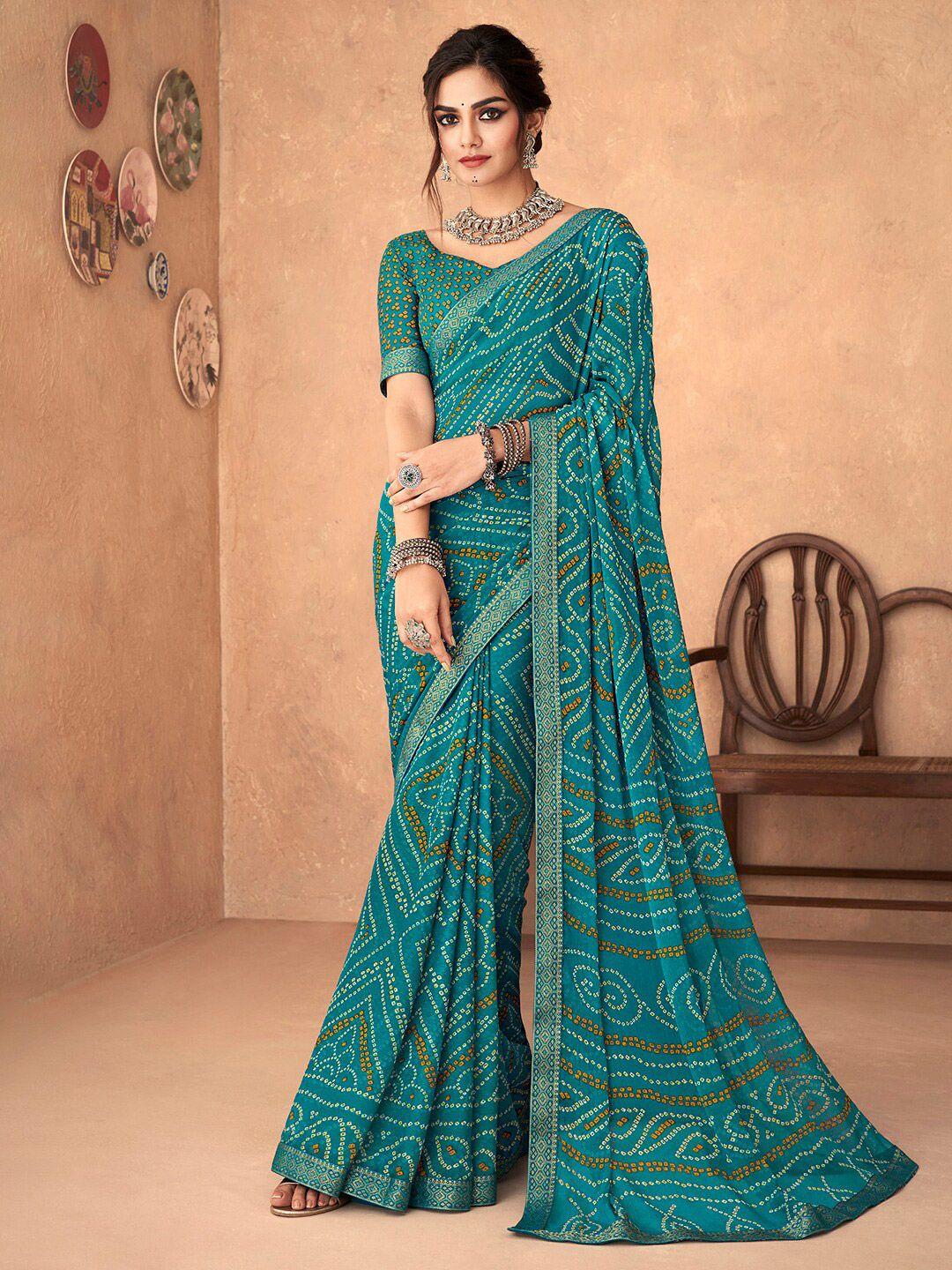 anouk teal & white bandhani zari pure chiffon bandhani saree