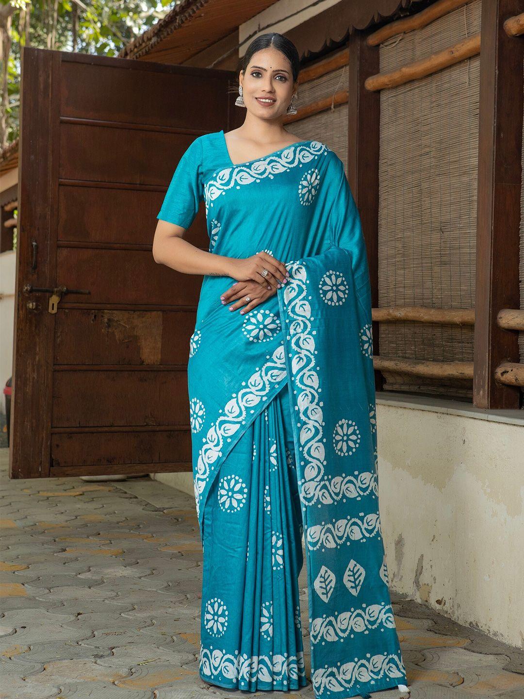 anouk teal & white ethnic motifs saree