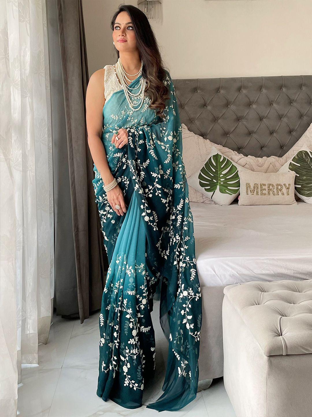 anouk teal & white floral embroidered saree