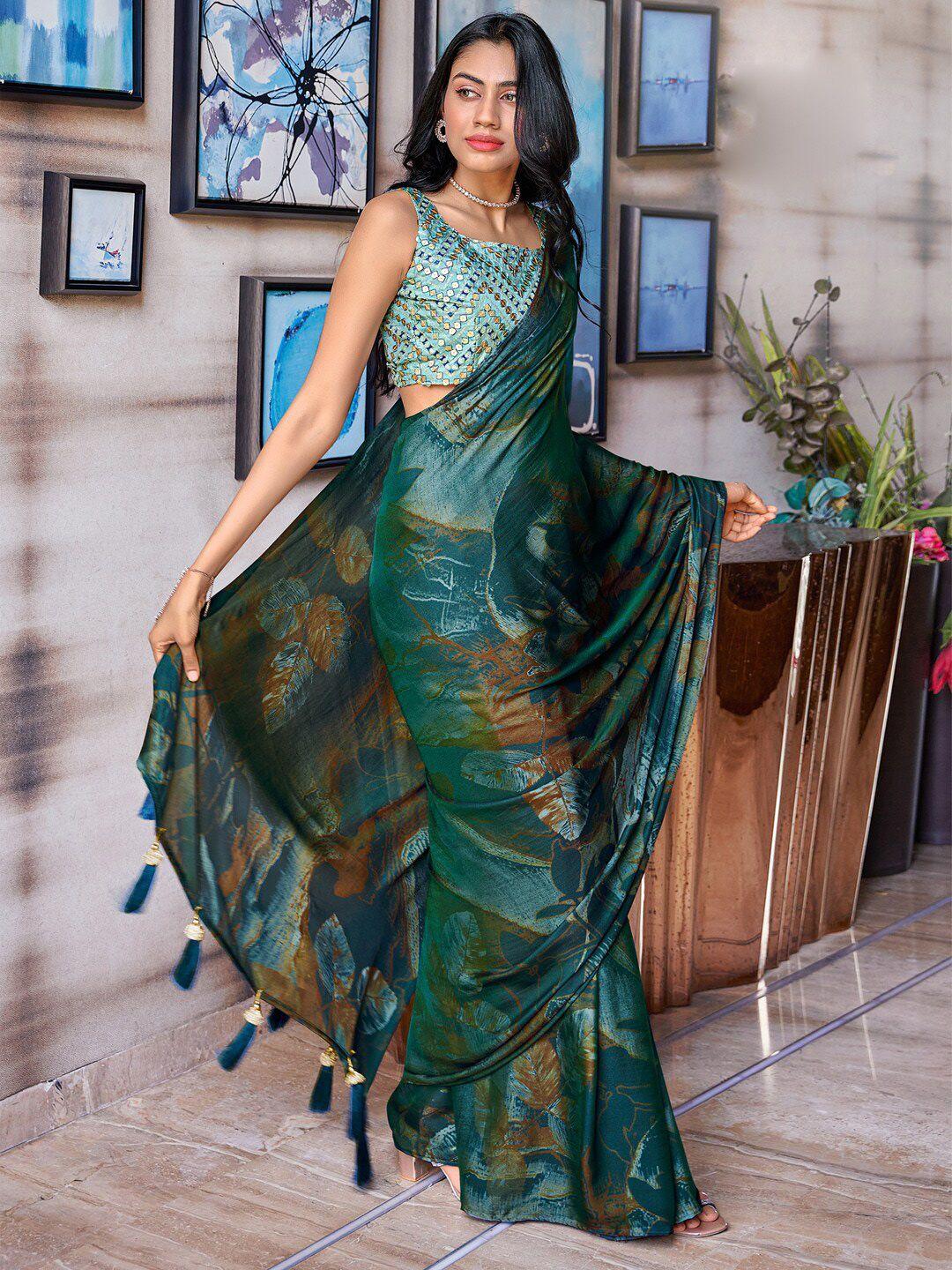 anouk teal blue & brown abstract printed sequinned saree