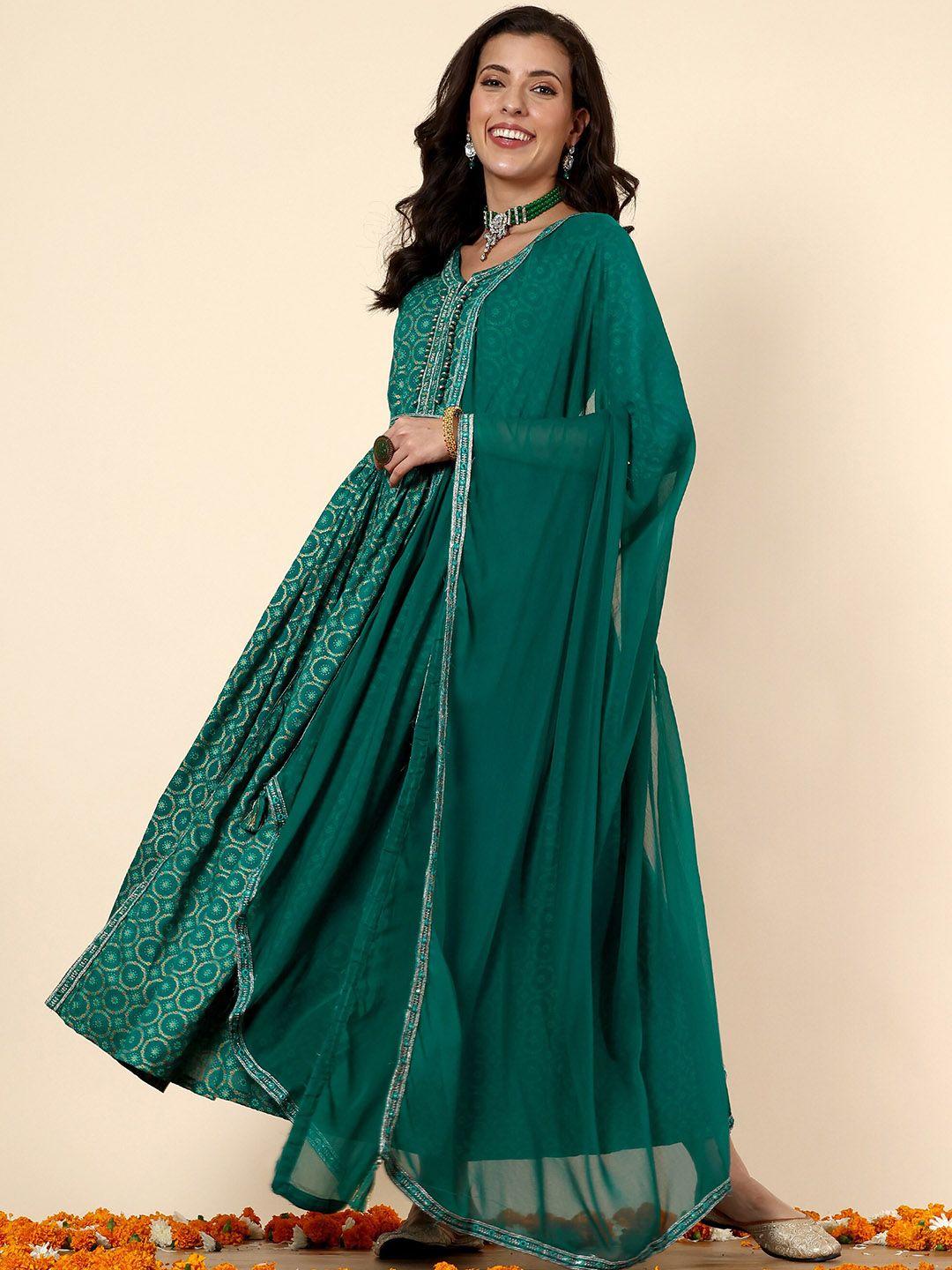 anouk teal blue & gold-toned ethnic motif printed layered a-line ethnic dress with dupatta