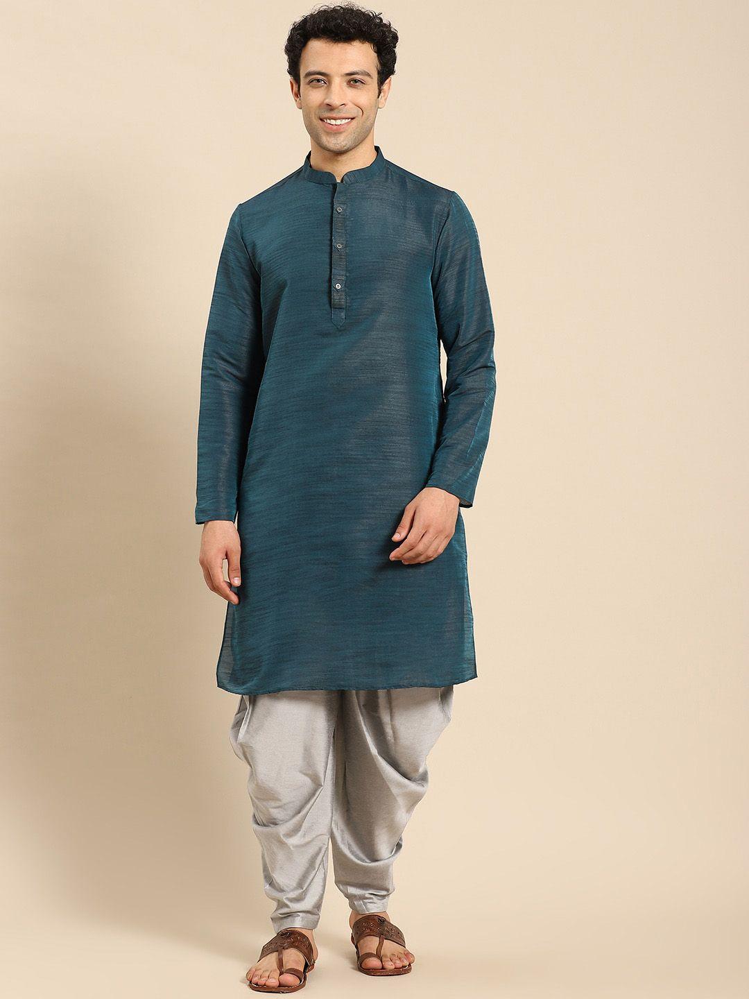 anouk teal blue & grey mandarin collar straight kurta with dhoti pants