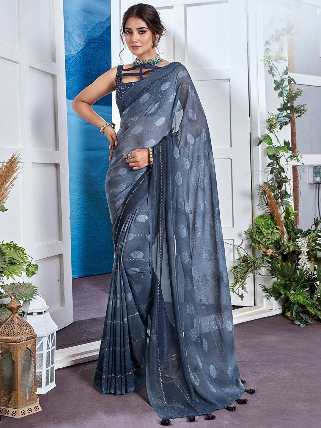 anouk teal blue & white geometric printed pure georgette saree