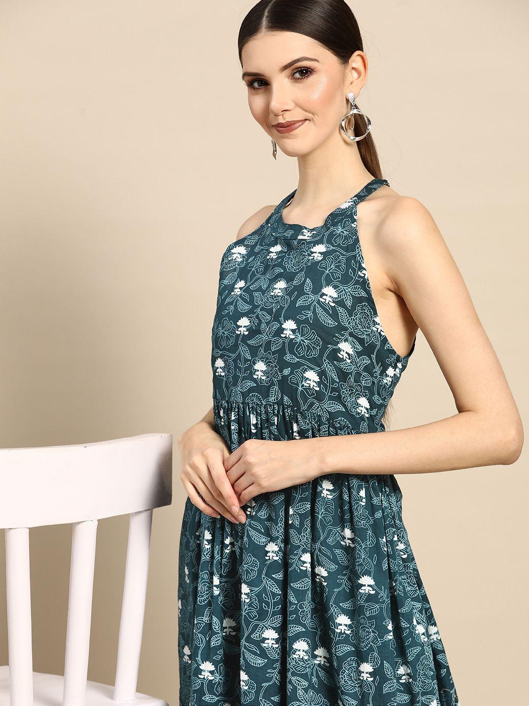 anouk teal blue & white pure cotton floral halter neck a-line dress